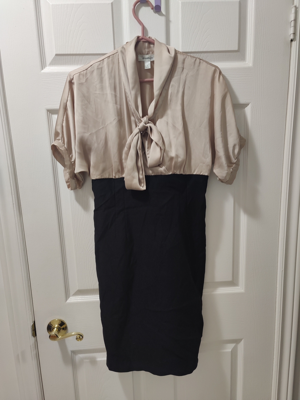 dressbarn Beige and Black Two-Tone Tie-Neck Midi Dress